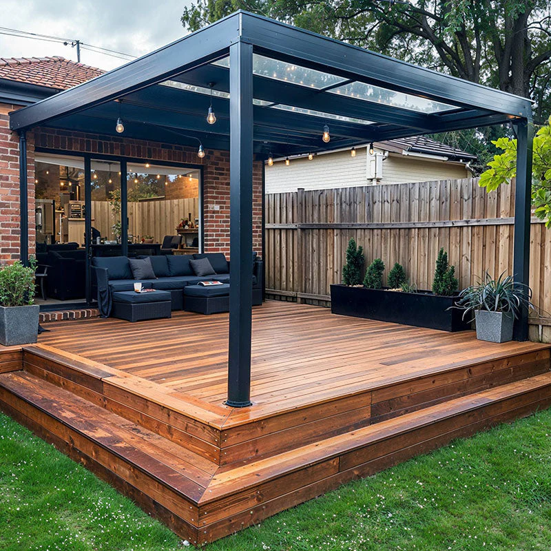 Deck transition to interlocking patio