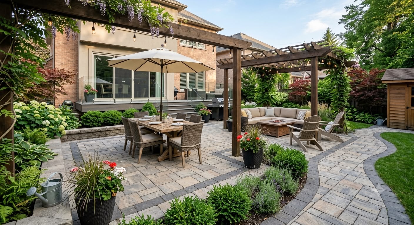 Interlocking patio with modern stone pattern