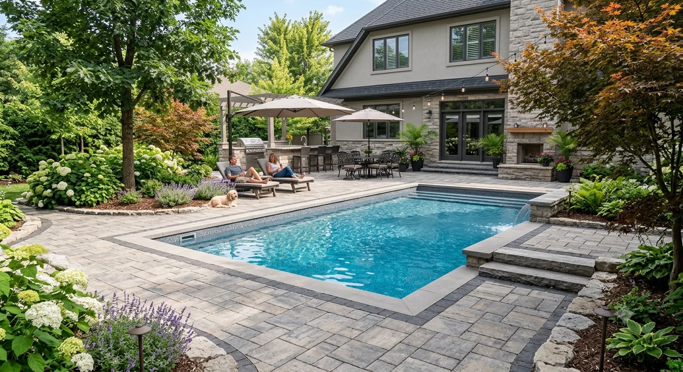 Interlocking pool deck and patio area
